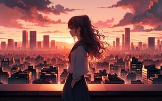 Картинка school uniform, sky, sunset glow, schoolgirl, hands in pockets, anime girls, cityscape