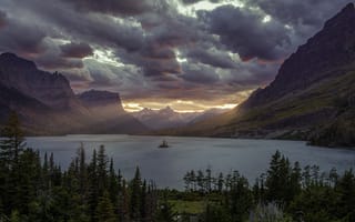 Картинка sky, sunset, Glacier National Park, lake, clouds, Montana, Saint Mary Lake