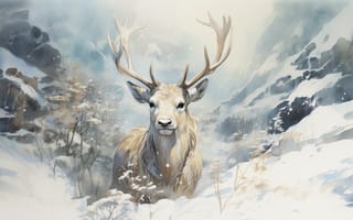 Картинка animals, winter, AI art, deer, digital art, painting, snow, antlers