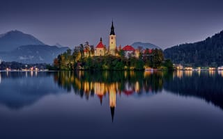 Картинка горы, озеро, Словения, Slovenia, остров, отражение, Lake Bled, Бледское озеро