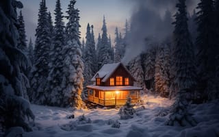 Картинка зима, лес, ночь, мороз, снег, домик, хижина, house
