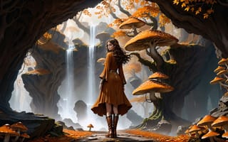 Картинка грибы, мухоморы, mushrooms, digital art, fantasy art, beautiful girl, красивая девушка, проход