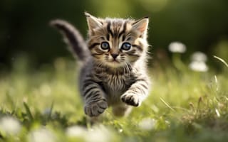 Картинка Трава, Взгляд, Мордашка, Прыжок, Котенок, Кошка, Цифровое искусство, ИИ-арт