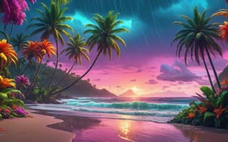 Картинка пляж, пальмы, нейросеть, неон