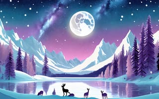 Картинка холод, лес, звезды, луна, красота, озеро, горы, животные