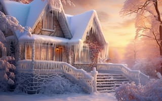 Картинка лед, зима, house, rustic, мороз, домик, сосульки, снег