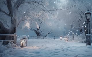 Картинка зима, снег, парк, lights, улица, снежинки, деревья, ночь