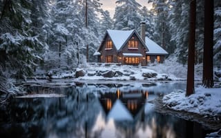 Картинка зима, лес, мороз, rustic, house, хижина, домик, снег