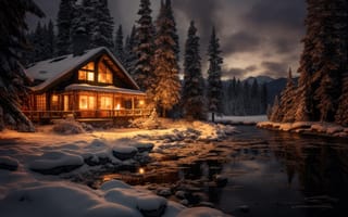 Картинка зима, лес, хижина, снег, ночь, домик, мороз, house