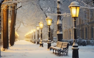 Картинка зима, снег, улица, скамейка, ночь, деревья, парк, lights