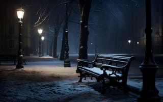 Картинка зима, снег, lights, улица, ночь, скамейка, парк, деревья