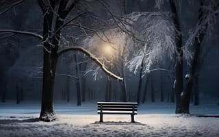 Картинка зима, снег, lights, парк, деревья, скамейка, ночь, Christmas
