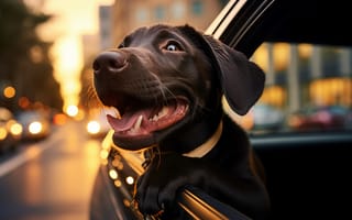 Картинка Собака, Взгляд, ИИ-арт, Щенок, Пасть, Автомобиль, Цифровое искусство, Морда