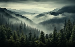 Картинка forest, landscape, AI art, mist