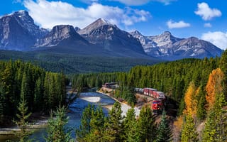Картинка лес, деревья, Banff National Park, горы, река, Альберта, Канада, поезд