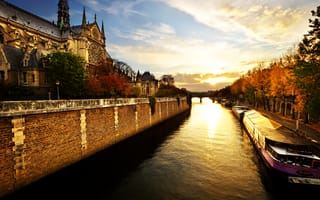 Картинка Париж, Нотр-Дам, рассвет, река, утро
