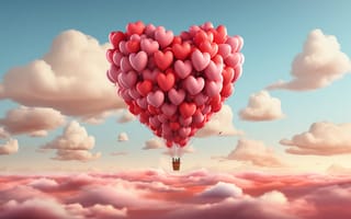 Картинка День святого Валентина, красный, праздник, сердце, голубой, воздушный шар, Летит, воздушный