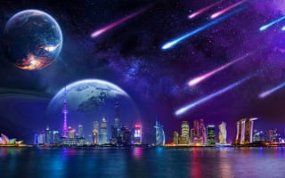 Картинка planets, comets, skyscrapers, fantasy art, skyline cityscapes, nightscapes