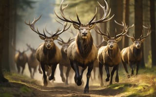 Картинка лес, природа, ИИ-арт, НЕЙРОСЕТЬ, стадо, олень, бег