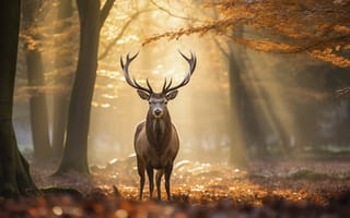 Картинка осень, лес, олень, природа, ИИ-арт, НЕЙРОСЕТЬ, солнце