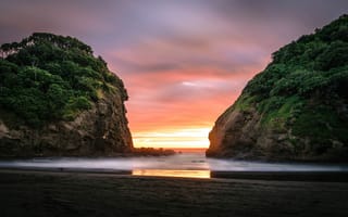 Картинка Bethells Beach, океан, пляж, рассвет, Auckland, скалы
