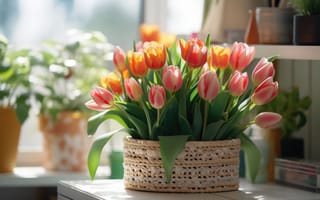 Картинка листья, свет, окно, цветы, стол, букет, оранжевый, весна