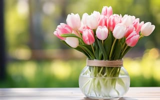 Картинка свет, цветы, веревка, окно, банка, тюльпаны, букет, весна