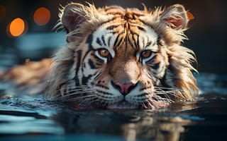 Картинка Вода, Взгляд, Большая кошка, Хищник, Морда, Спереди, Цифровое искусство, Тигр