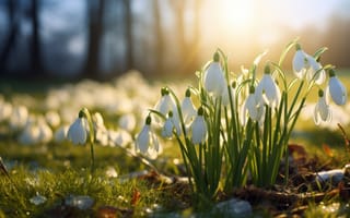 Картинка цветы, природа, весенние, первоцвет, поляна, белые, подснежники, весна