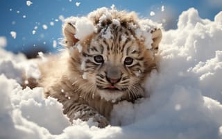 Картинка Взгляд, Тигр, Большая кошка, Цифровое искусство, Снег, Спереди, Хищник, Котенок