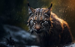 Картинка Взгляд, Дождь, Хищник, Рысь, Большая кошка, Мокрый, Цифровое искусство, Морда