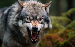 Картинка Взгляд, Пасть, Цифровое искусство, Клыки, Волк, Морда, Хищник, Спереди
