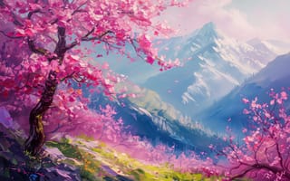 Картинка свет, снег, деревья, природа, горы, туман, ветки, пейзаж