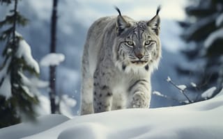 Картинка Зима, Взгляд, Хищник, Искусство искусственного интеллекта, ИИ-арт, Снег, Рысь, Цифровое искусство