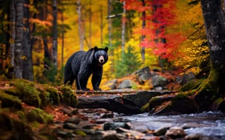 Картинка Деревья, Лес, Цифровое искусство, Речка, Хищник, Черный медведь, Медведь, Барибал
