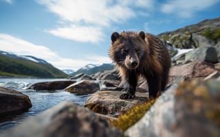 Картинка Медвежонок, Камни, Цифровое искусство, Мокрый, ИИ-арт, Медведь, Бурый медведь, Речка