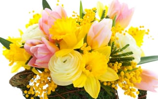 Обои цветы, розовые, pink, Tulips, flowers, нарциссы, тюльпаны, petals, красота, букет, narcissus, bouquet, мимоза, листья, mimosa, bright, жёлтые, yellow, лепестки