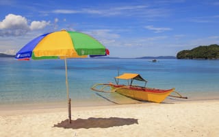 Картинка тропический, пляж, лодка, песок, зонт