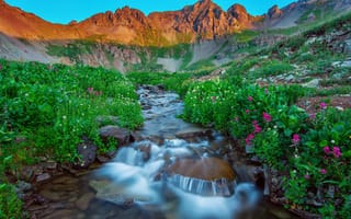 Картинка лето, Silverton Colorado, цветы, США, камни, озеро, природа, поток, San Juan Mountains, горы, утро