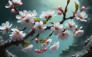 Картинка цветы, ветки, живопись, весна, ИИ-арт, НЕЙРОСЕТЬ, цветение