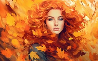 Картинка осень, взгляд, желтый, ветер, лицо, девушка, природа, листья