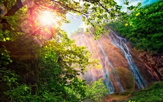 Обои Waterfall, радуга, ослепительное, спектр, блики, водопад, солнце, природа, пейзаж, горы