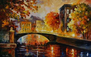 Картинка осень, Leonid Afremov, пейзаж, мостик, деревья, дома, городской