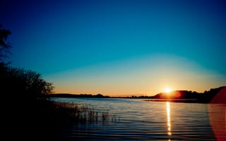 Картинка волны, лес, лучи, свет, озеро, солнце, вода, закат