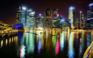 Картинка подсветка, Singapore, огни, Сингапур, Азия, ночь, высотные, Marina Bay, здания, высотки, залив, город, небоскребы