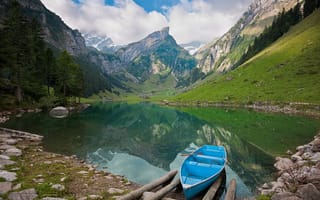 Картинка природа, лодка, озеро, камни, горы