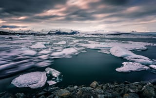 Картинка South Iceland, берег, Скандинавия, океан, льдины, горы, зима