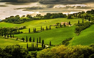 Картинка Италия, дом, Italy, небо, облака, природа, деревья, зелень, пейзаж, Умбрия, холм, Italia, Umbria