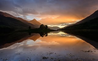 Картинка сентябрь, Шотландия, закат, небо, холмы, Highlands, вода