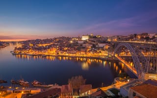Картинка огни, рассвет, река, Porto, Portugal, город, мост